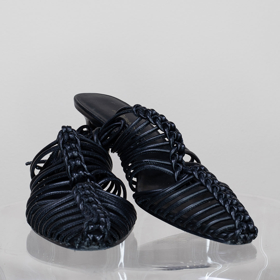 3-1 Phillip Lim sz 8 black knotted leather cord kitten heels
